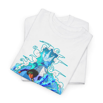 Luxury white t-shirt featuring an intricate marine anime design with a bold blue graphic, showcasing artistic expression for anime enthusiasts.