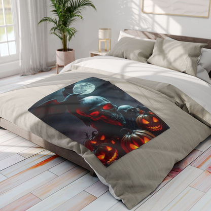 Decorative and Warm Halloween Spooky Arctic Fleece Blanket elegantly displayed on a bed setting, adorned with a striking Halloween-themed print of skulls and pumpkins.