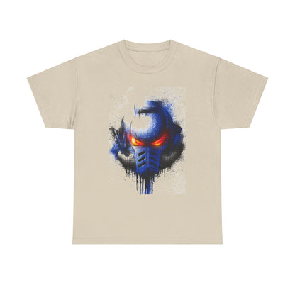 Stylish unisex t-shirt featuring an artistic interpretation of a blue futuristic helmet with glowing red eyes, ideal for fans of bold graphic apparel.