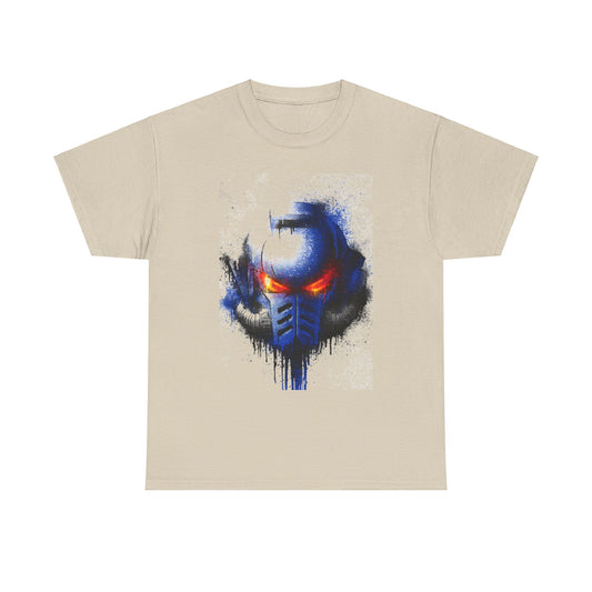 Stylish unisex t-shirt featuring an artistic interpretation of a blue futuristic helmet with glowing red eyes, ideal for fans of bold graphic apparel.