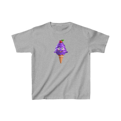 Child’s Unisex Delighted Ice Cream Graphic Cotton Tee in classic grey, featuring an adorable purple ice cream character, complete with a cherry on top.