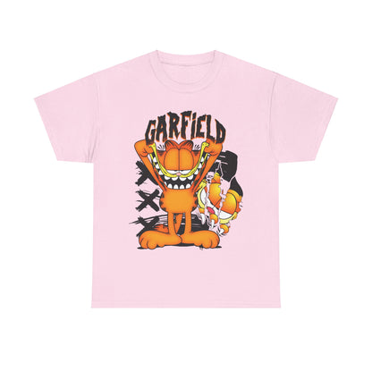 Garfield Unisex Graphic T-Shirt - Vibrant Cartoon Design presenting a spirited Garfield on a soft pink background, blending playful charm with contemporary style.