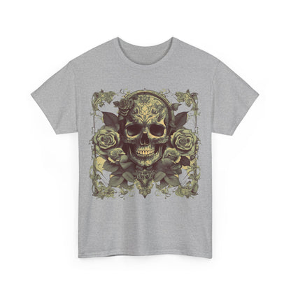 Front view of the Skulls and Roses Cotton Tee in grey, unisex graphic shirt showing a striking skull and roses design, perfect for a bold fashion statement.