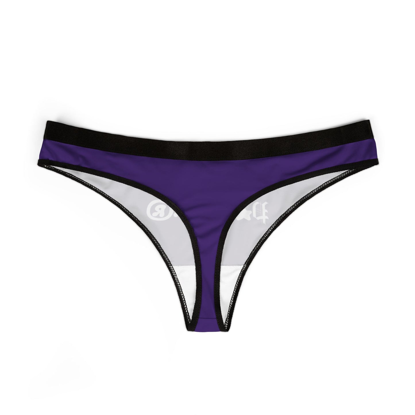 Elegant purple thong with contrasting black trim, showcasing a sleek silhouette that embodies comfort and playful sophistication.