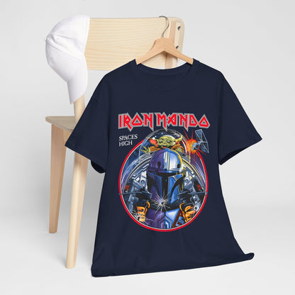 Iron Mando Graphic Tee showcased on a stylish wooden chair, accompanied by a white cap, embodying modern geek-chic fashion with a premium Star Wars design.