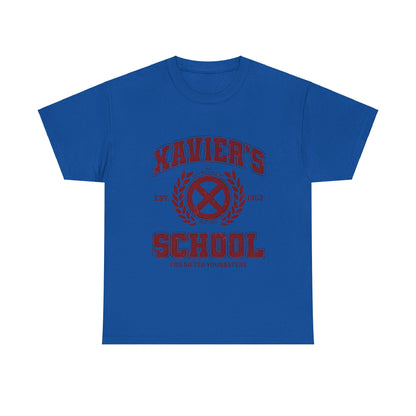 Xavier's School for Gifted Youngsters X-Men Logo Graphic Unisex Tee Shirt in blue, elegantly crafted to celebrate the extraordinary legacy of the X-Men, offering both nostalgia and sophistication.