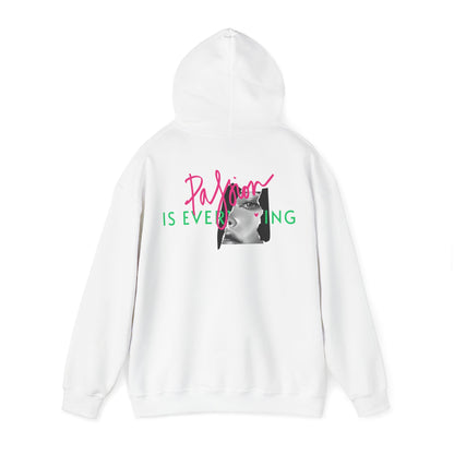 Back design of the Passion Is Everything hoodie featuring vibrant pink cursive and bold green lettering, complemented by a striking black and white portrait.
