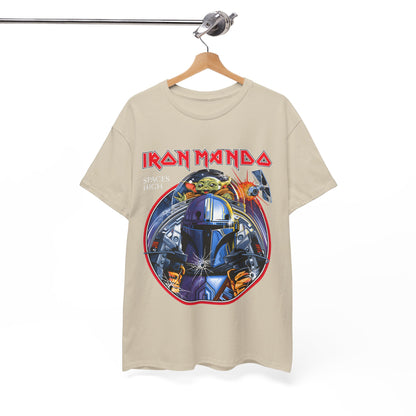 Iron Mando Graphic Tee displayed on a hanger, featuring a luxurious design with a Mandalorian warrior and child-like character against a vivid backdrop, ideal for Star Wars enthusiasts.