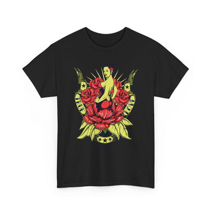 Luxurious men's t-shirt featuring a vibrant tattoo-style pin-up girl design with bold red roses and ornate scrollwork, perfect for adding a touch of artistry to casual wardrobe.