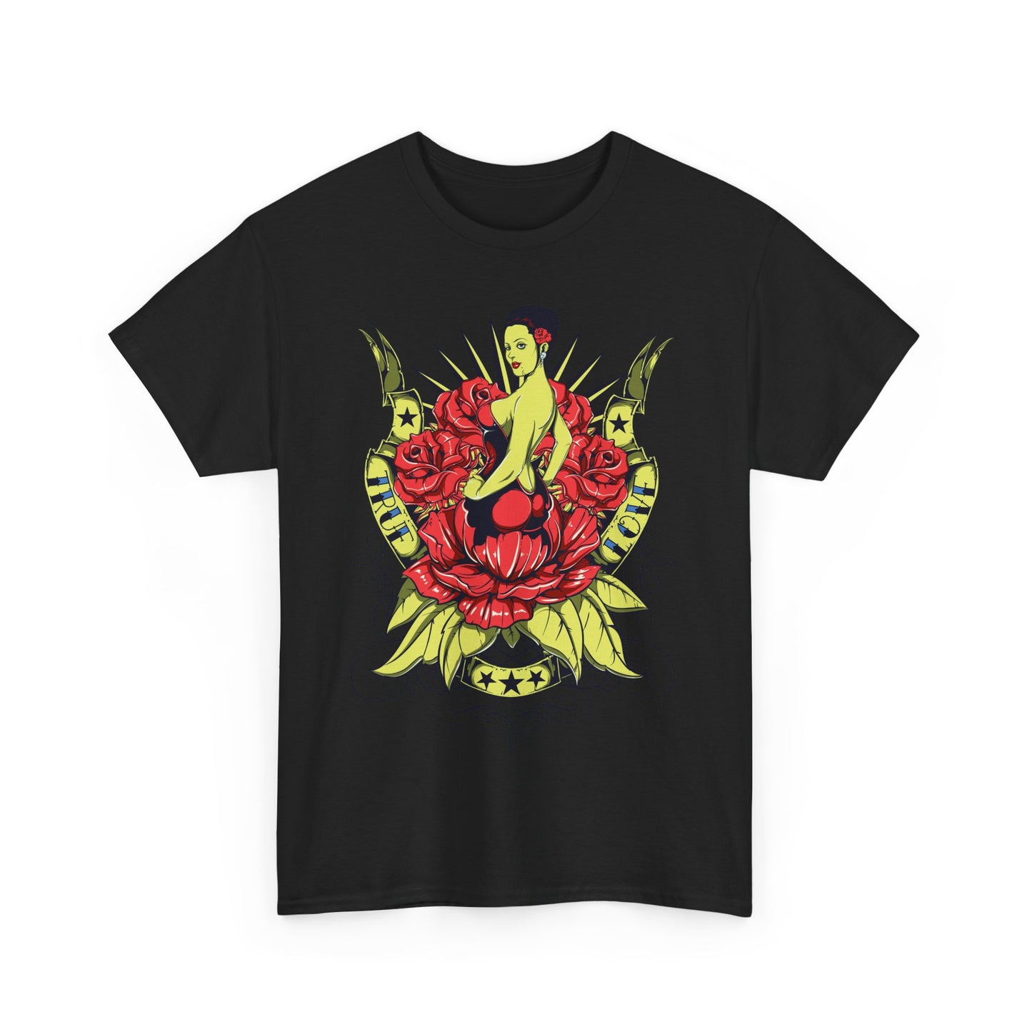 Striking black t-shirt featuring a captivating tattoo-style print of a pin-up girl amid exquisite red roses, radiating bold style and elegance.