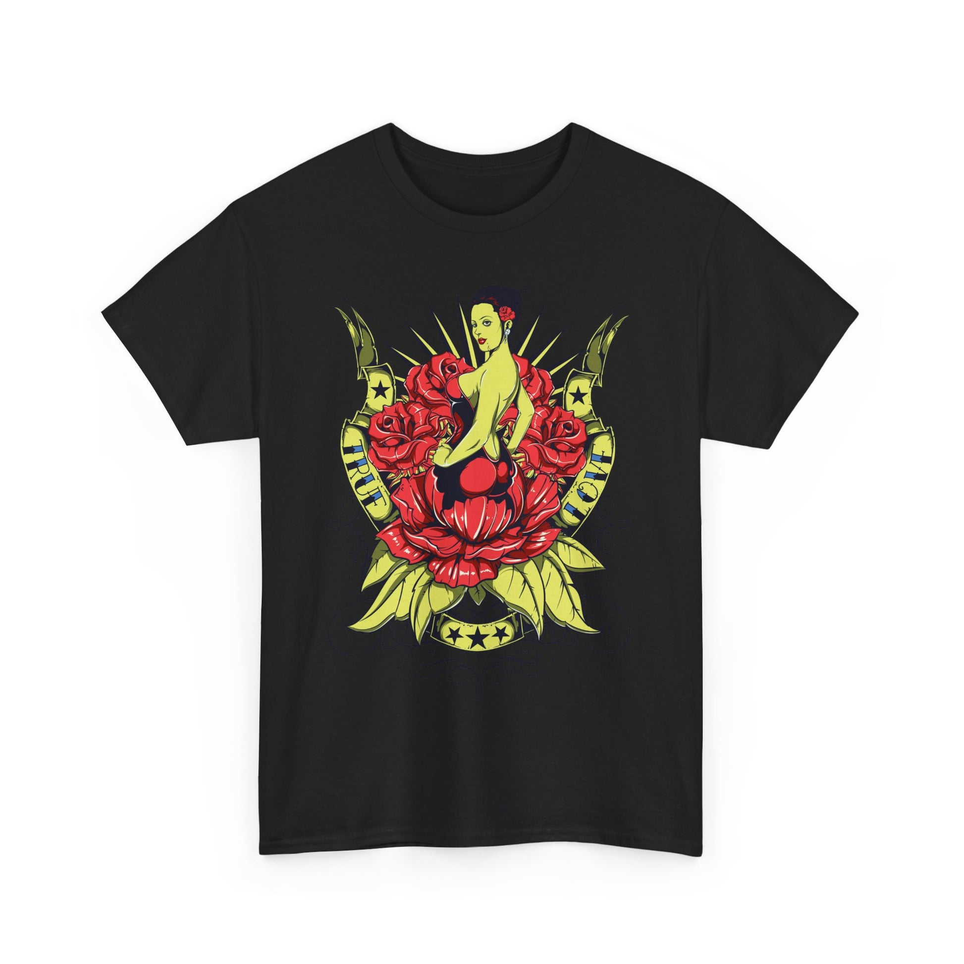 Striking black t-shirt featuring a captivating tattoo-style print of a pin-up girl amid exquisite red roses, radiating bold style and elegance.