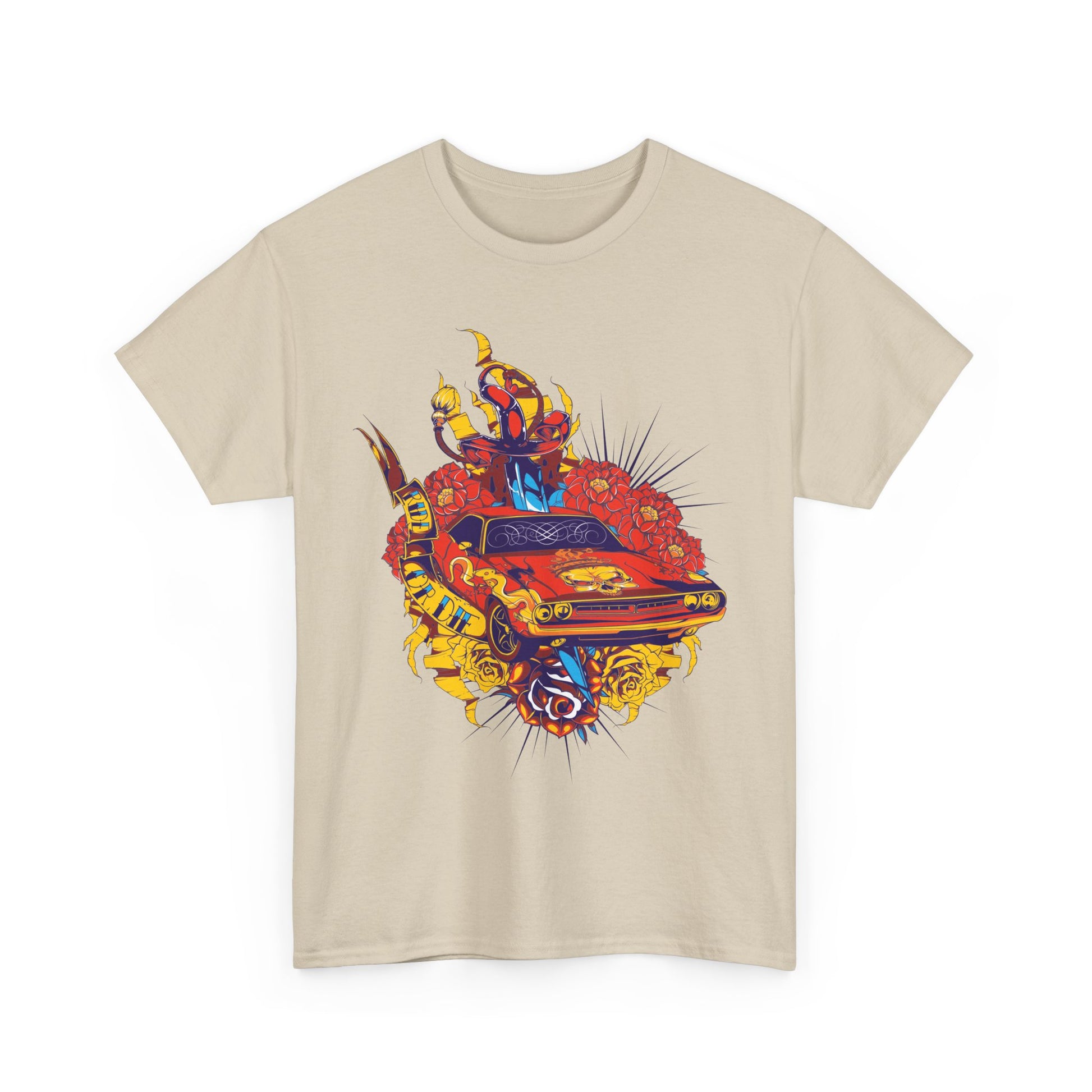 Luxury beige t-shirt featuring a striking tattoo-inspired design showcasing a vibrant red muscle car, embellished with roses and decorative elements, ideal for automotive enthusiasts and fashion-forward individuals.