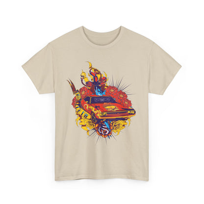 Luxury beige t-shirt featuring a striking tattoo-inspired design showcasing a vibrant red muscle car, embellished with roses and decorative elements, ideal for automotive enthusiasts and fashion-forward individuals.