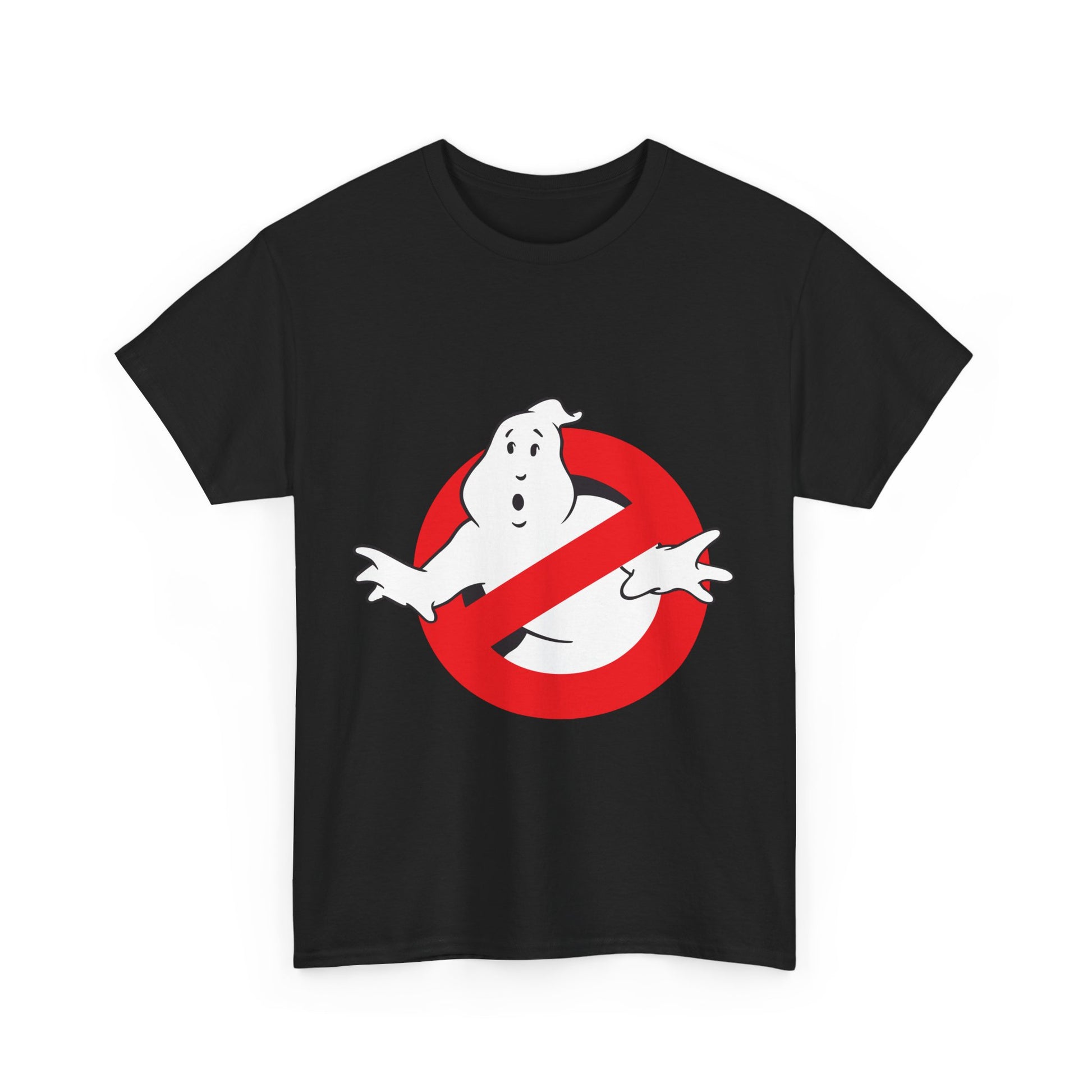 Chic black t-shirt showcasing the beloved Stay Puft Marshmallow Man logo from Ghostbusters within a striking red circle, ideal for stylish fans.