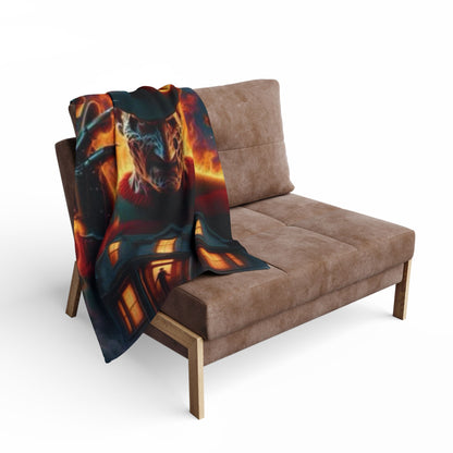 Stylish Decorative and Warm Halloween Freddy Kruegar Spooky Arctic Fleece Blanket draped over a chic chair in a contemporary living space, ideal for adding festive flair.