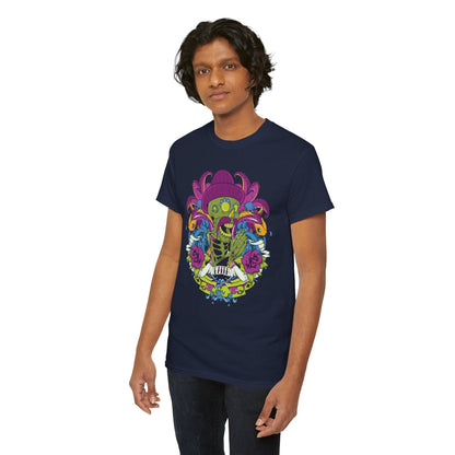 Chic male model displaying a navy t-shirt with a vibrant skeleton design, surrounded by roses and vibrant koi fish, offering a statement piece for those who appreciate unique artistry.