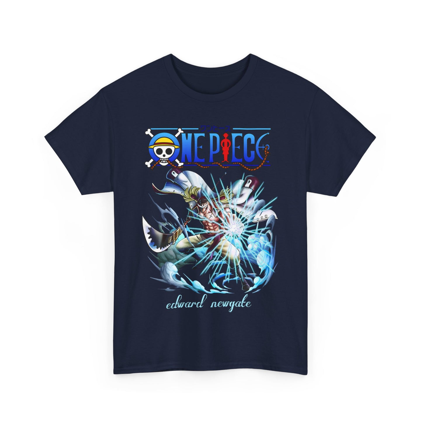 Premium navy t-shirt with a captivating One Piece design of Edward Newgate, featuring artistic elements and rich colours, perfect for casual and anime-inspired outfits.