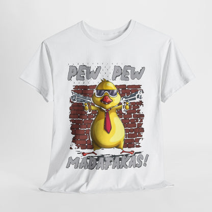 Luxury gangster-themed t-shirt featuring a cartoon yellow chicken with sunglasses and a red tie, standing confidently against a textured brick wall. The graphic showcases playful text 'PEW PEW' and 'MADAFAKAS!', perfect for adding a touch of humour to any wardrobe.