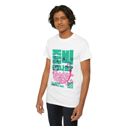 Sophisticated male model showcasing a white graphic T-shirt inspired by Squid Game, featuring striking teal and pink imagery with the text 'I'll Make Sure We Win.' for a unique and fashionable edge.