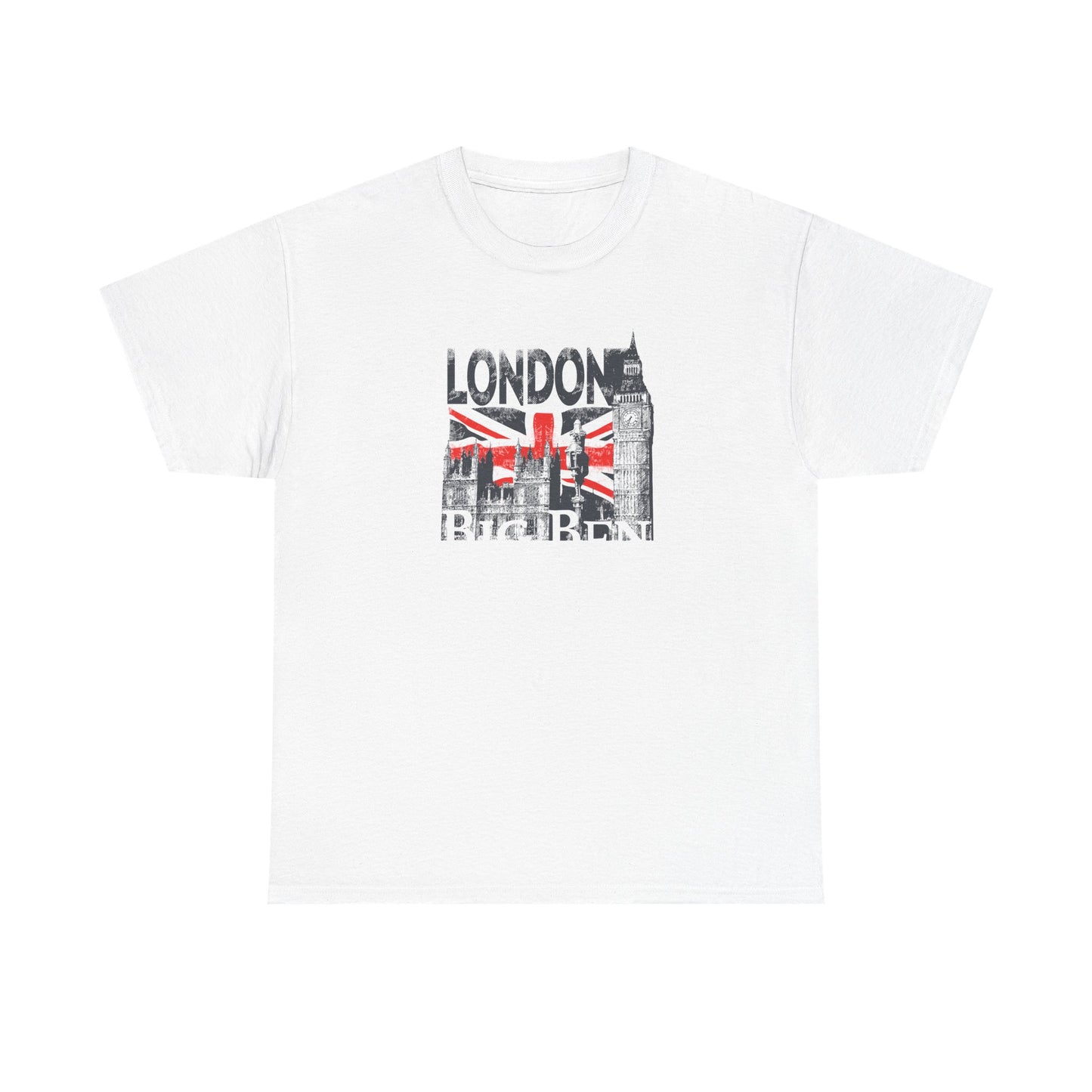 Distressed white men's T-shirt featuring a vintage graphic design of London's iconic Big Ben and the Union Jack, symbolising British culture and elegance.