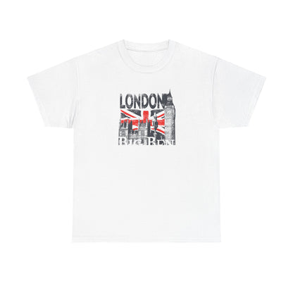 Distressed white men's T-shirt featuring a vintage graphic design of London's iconic Big Ben and the Union Jack, symbolising British culture and elegance.