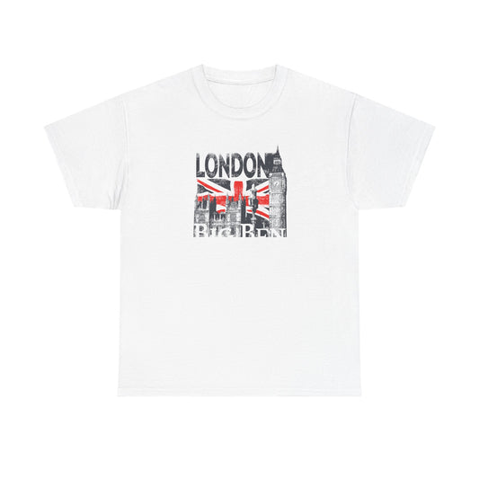 Distressed white men's T-shirt featuring a vintage graphic design of London's iconic Big Ben and the Union Jack, symbolising British culture and elegance.