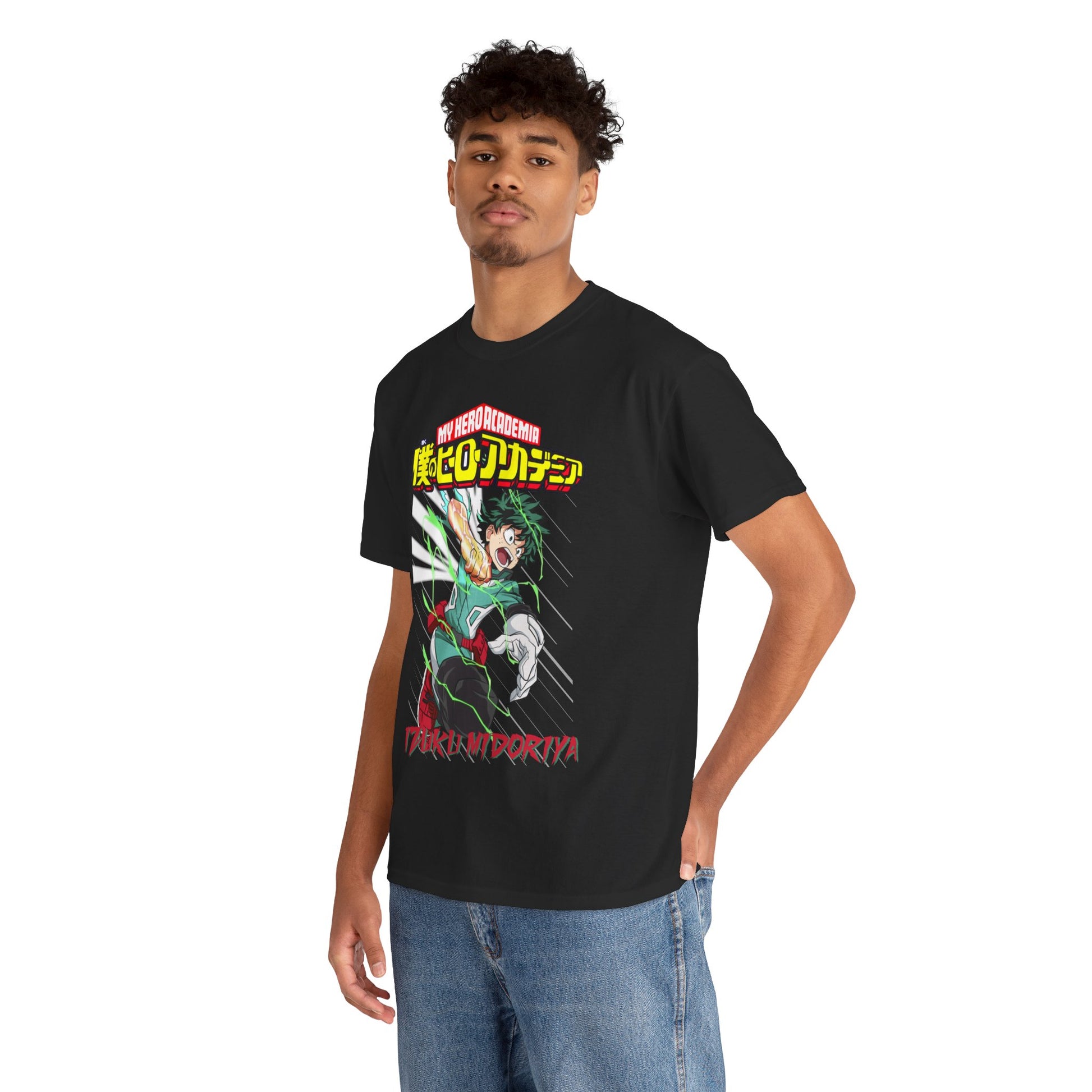 Izuku Midoriya T-Shirt featuring vibrant design, showcasing the hero in action with explosive energy, ideal for anime enthusiasts.