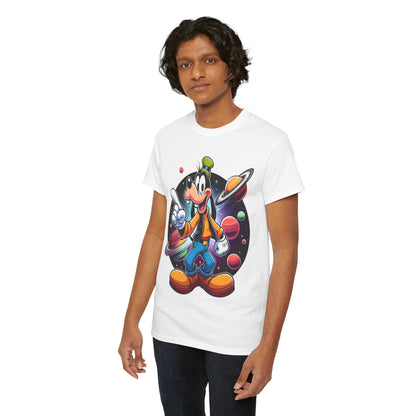 Model wearing the Cosmic Goofy Unisex Graphic Tee featuring a vibrant illustration of Goofy in a cosmic setting, radiating playful charm and luxury style.