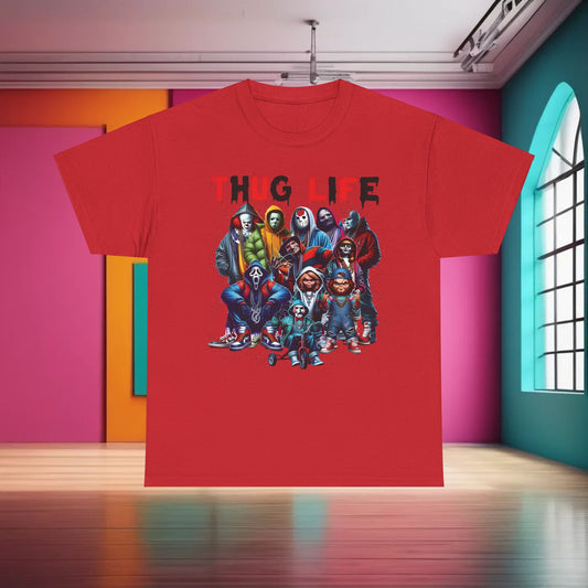 Luxury Thug Life Horror Characters Graphic T-Shirt in red, showcasing a bold design with renowned horror icons in contemporary streetwear.