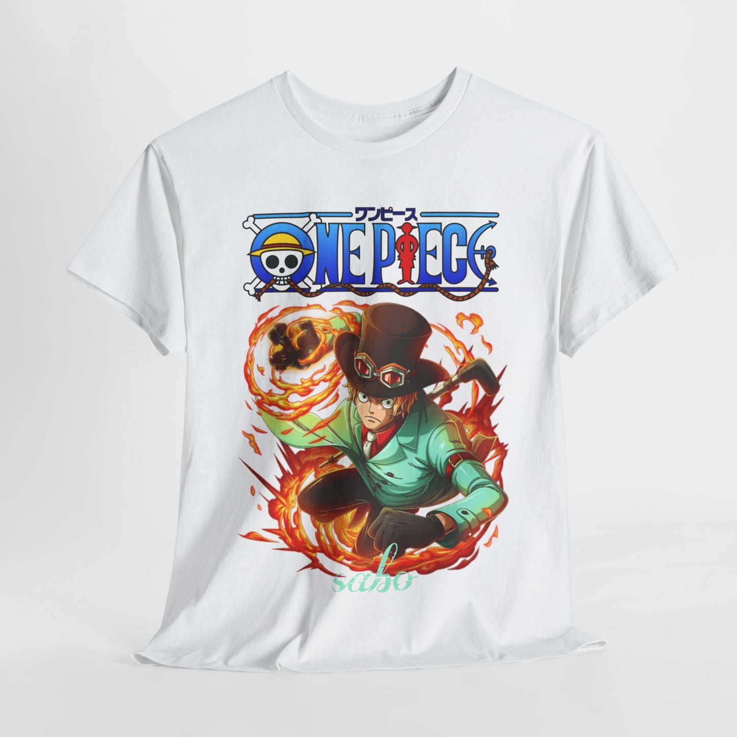Elegant shot of a luxury men's white T-shirt adorned with a striking Sabo illustration from One Piece, encapsulating action and craftsmanship.