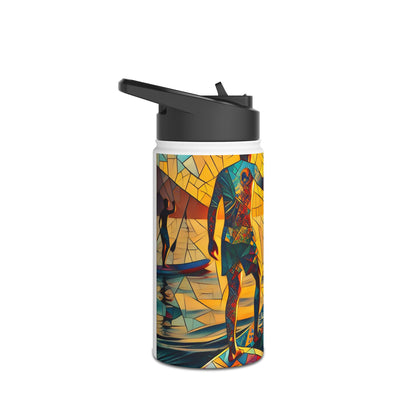 Artistic Fantasy Paddleboarding Stainless Steel Water Bottle displaying a captivating mosaic illustration of paddleboarding scenes, ideal for luxurious outdoor hydration.