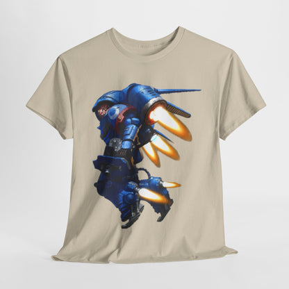 Luxurious beige graphic t-shirt featuring a dynamic blue mecha design with jet engines and fiery accents, suitable for both men and women.