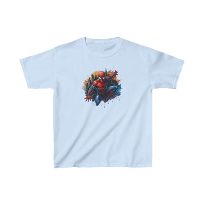 Child's Unleash Your Inner Hero: Spider-Man Unisex Graphic Tee Shirt Kids in soft blue, capturing the essence of Spider-Man in a striking comic aesthetic set against a skyline backdrop.