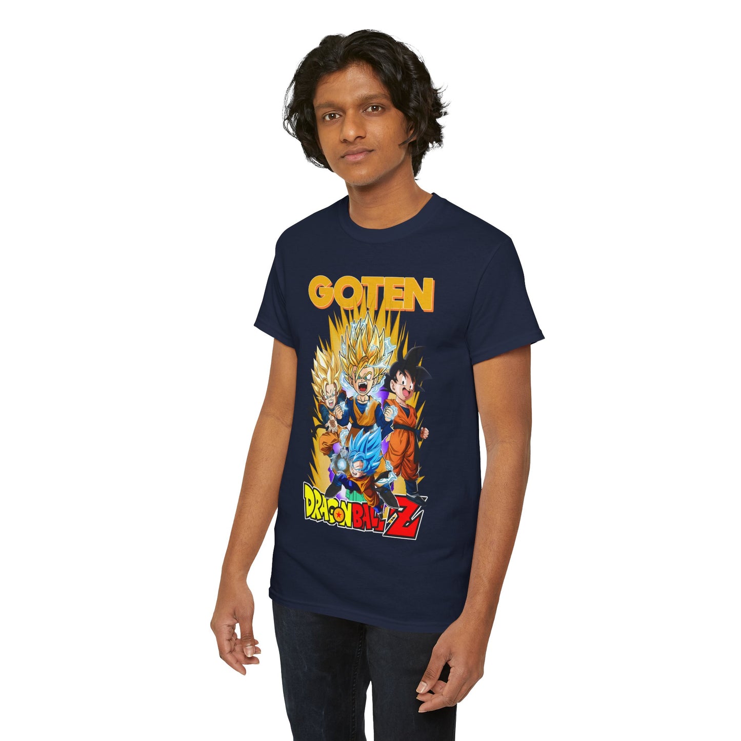 Elegant navy blue Dragon Ball Z T-shirt showcasing Goten and iconic characters in vibrant colours, perfect for anime enthusiasts who appreciate bold fashion.