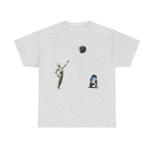 Elevate your wardrobe with this exclusive Star Wars T-Shirt showcasing C-3PO reaching for a Death Star balloon, complemented by R2-D2.