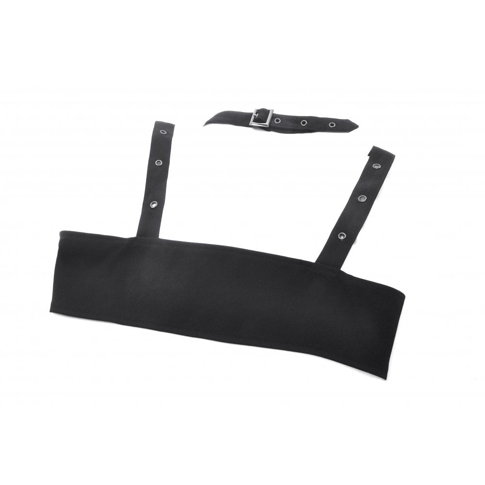 The structured silhouette of the Dark In Love Evangeline Buckled Utility Crop Top presented with a refined luxurious touch, ideal for darkwear enthusiasts.