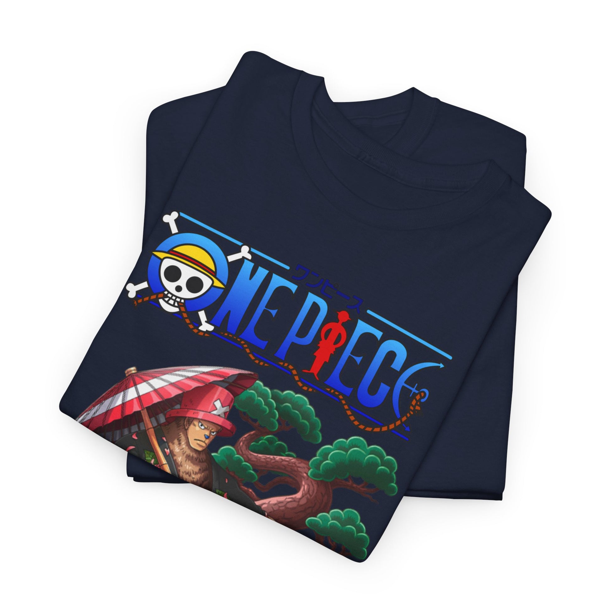 Stylish navy blue t-shirts elegantly folded, showcasing the iconic Chopper illustration from One Piece, designed for anime lovers seeking comfort and flair.