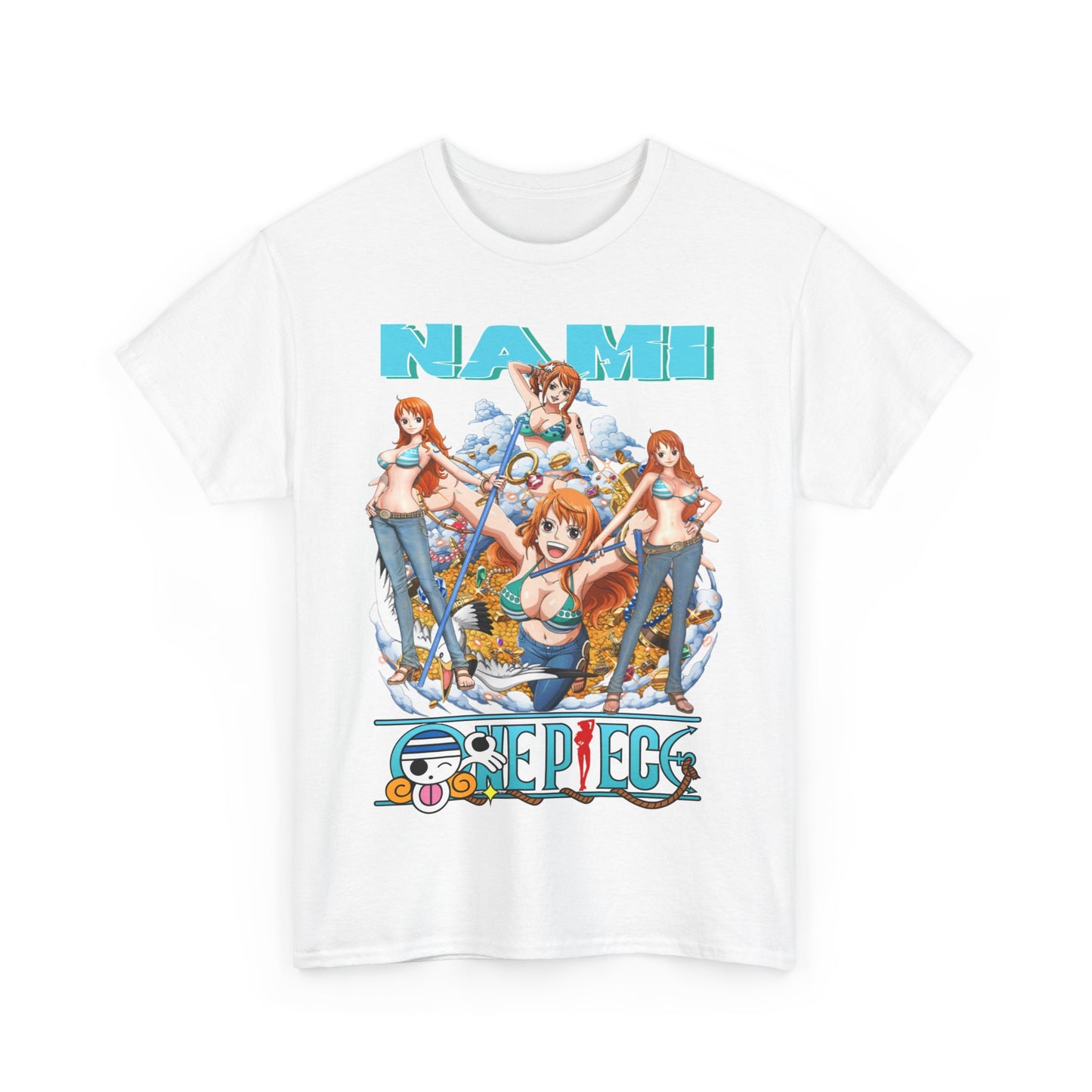 Elegant Nami Anime T-Shirt featuring vibrant artwork of the beloved character from the series 'One Piece', capturing her iconic beauty and adventurous spirit.