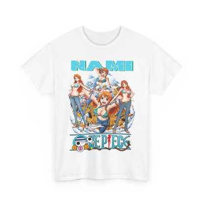 Elegant Nami Anime T-Shirt featuring vibrant artwork of the beloved character from the series 'One Piece', capturing her iconic beauty and adventurous spirit.