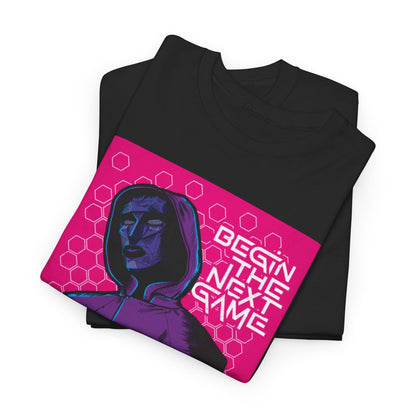 Chic black Squid Game unisex t-shirt displayed folded, featuring a captivating design with the text "Begin The Next Game" in vibrant colours, catering to fashionable rebels.