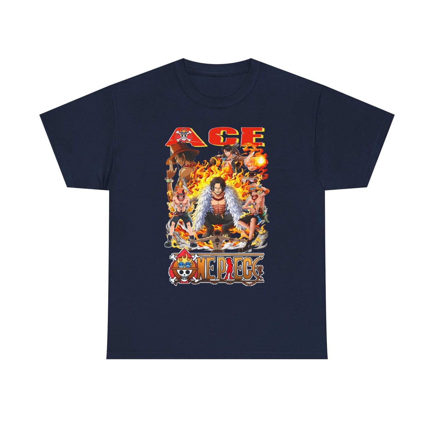 Luxurious men's t-shirt featuring an eye-catching bold Ace graphic from One Piece surrounded by vibrant flames and beloved anime characters, perfect for stylish anime enthusiasts.