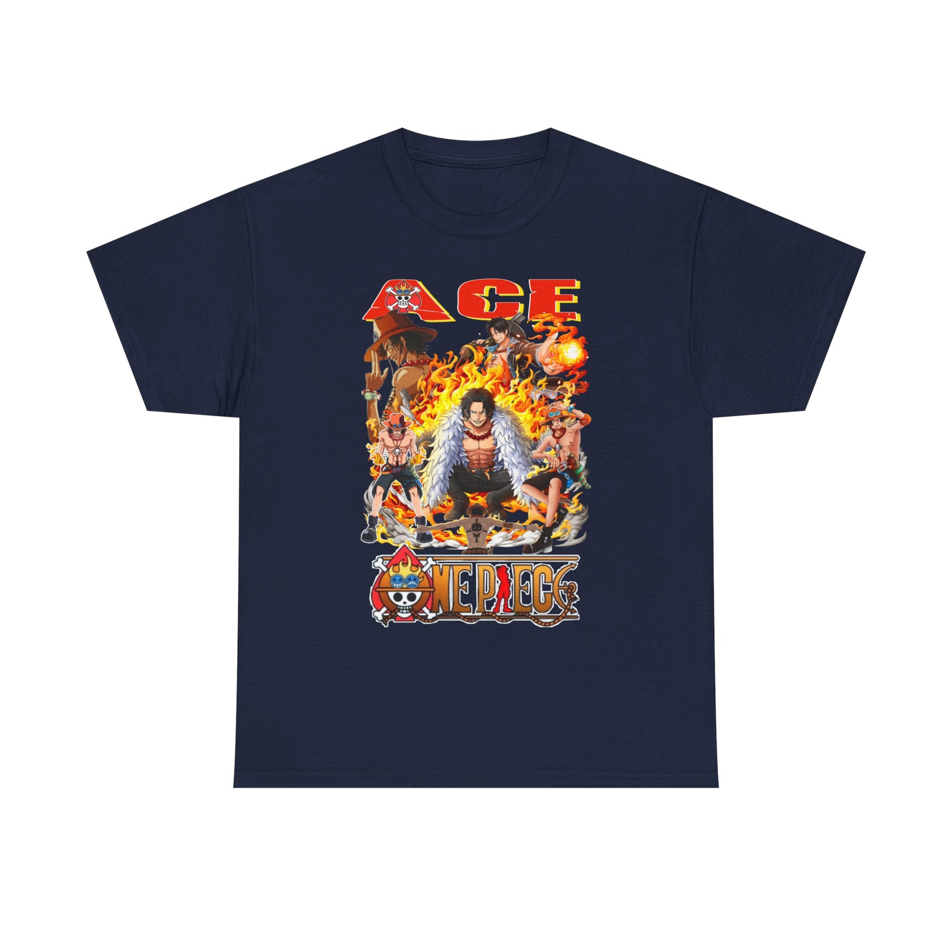Luxurious men's t-shirt featuring an eye-catching bold Ace graphic from One Piece surrounded by vibrant flames and beloved anime characters, perfect for stylish anime enthusiasts.