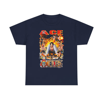 Luxurious men's t-shirt featuring an eye-catching bold Ace graphic from One Piece surrounded by vibrant flames and beloved anime characters, perfect for stylish anime enthusiasts.