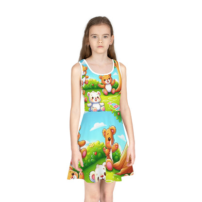 Girls Teddy Bear Playtime Sundress featuring vibrant floral design by Dazzling Dreams Studio, perfect for summer adventures and outdoor gatherings.