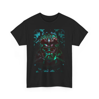Elegant unisex Star Wars Vader graphic tee featuring an intricate Darth Vader helmet design with rich colours and artistic floral motifs on a classic black shirt.