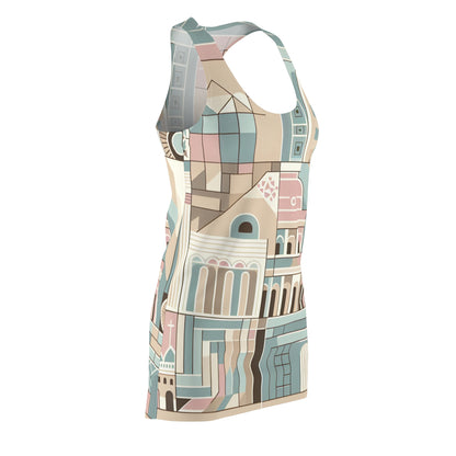 Modern Roman Geometry Dress - Close-up showing intricate designs reminiscent of Roman architecture like the Colosseum and aqueducts in pastel hues.