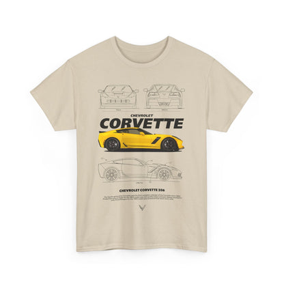 Luxurious beige Chevrolet Corvette Z06 t-shirt showcasing a stunning technical design featuring the iconic yellow Corvette in side view, perfect for automotive enthusiasts.