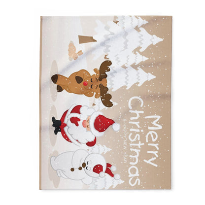 Sophisticated Decorative and Warm Christmas Arctic Fleece Blanket beautifully illustrated with Christmas characters like Santa and a snowman, creating a luxurious atmosphere for the holiday season.
