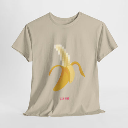 Luxurious graphic cotton t-shirt featuring a pixelated banana design, bold 'SEX KING' text in pink, perfect for urban fashion enthusiasts.