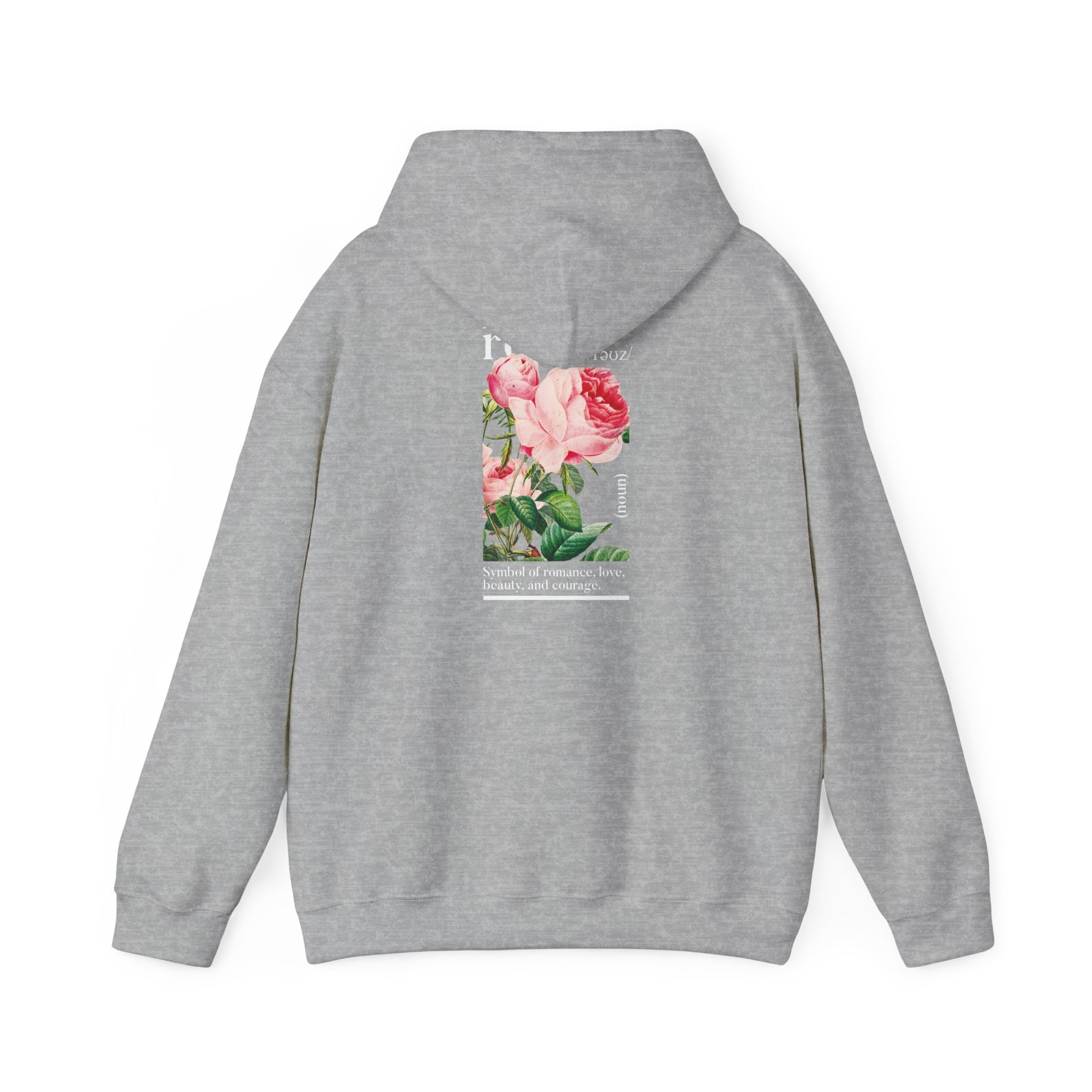 Elegant grey hoodie showcasing beautiful botanical rose artwork on the back, symbolising romance and beauty.